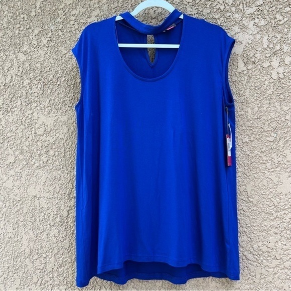 NEW! Vince Camuto Shirt Blouse Womens Size 1X Plus Sweatheart‎ Keyhole Neck Blue - Picture 1 of 13
